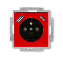 Levit® zásuvka jednonásobná s kolíkem, clonkami a nabíjením USB-A, USB-C 5569H-A32357 65 červená/kouřová černá ABB