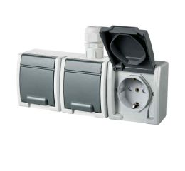 ATLAS IP65 Zásuvka 3x 2P+PE SCHUKO, 3-násobná vodorovná s vývodkou M20, na povrch, šedá ty