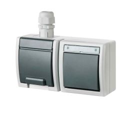 ATLAS IP65 Přepínač č.6+zásuvka 2P+PE vodorovně s vývodkou M20, na povrch, šedá typ 19190 famatel