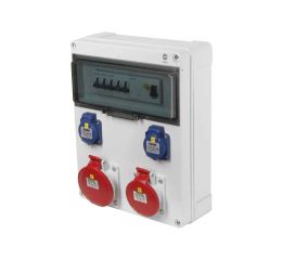 Zásuvková skříň IP54 2x230V/16A, 1x400V/16A/5p, 1x400V/32A/5p s jištěním 2xPL6-B16/1, 1xPL6-B16/3 a proudovým chráničem PF6-40/4/003-A 340x270x120mm Famatel ZSF20101000.1 /5813