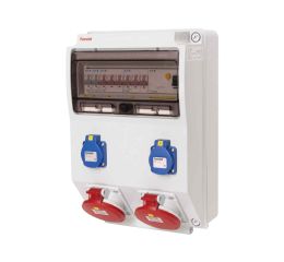 Zásuvková skříň IP54 2x230V/16A, 2x400V/32A/5p s jištěním 2xPL7-B16/1, 2xPL7-B32/3 a proudovým chráničem PF7-40/4/003-A 398x266x153mm Famatel ZSF20002000.1 /3959