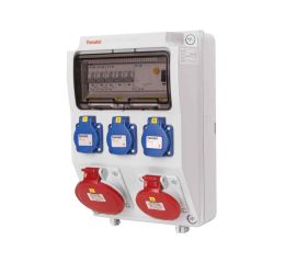 Zásuvková skříň IP54 3x230V/16A, 1x400V/16A/5p, 1x400V/32A/5p s jištěním 2xPL7-B16/1, 1xPL7-B16/3 a proudovým chráničem PF7-40/4/003-A 330x215x155m Famatel ZSF30101000.1 /3958