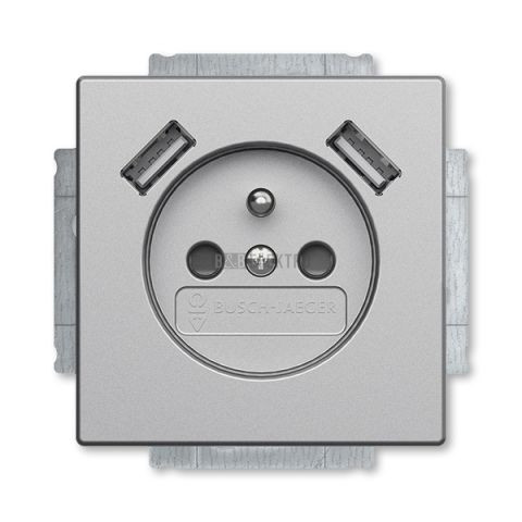 Future® linear, Busch-axcent® zásuvka jednonásobná s kolíkem, s clonkami, s nabíjením 2xUSB-A 2CKA002017A1890 hliníková stříbrná ABB