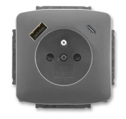 Tango® zásuvka jednonásobná s kolíkem, clonkami a nabíjením USB-A, USB-C 5569A-A32357 S2 kouřová šedá ABB