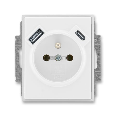 Time®, Element® zásuvka jednonásobná s kolíkem, clonkami a nabíjením USB-A, USB-C 5569E-A32357 01 bílá/ledová bílá ABB