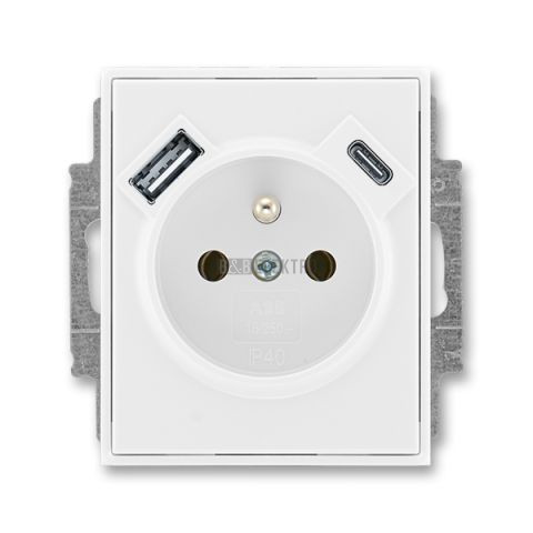 Time®, Element® zásuvka jednonásobná s kolíkem, clonkami a nabíjením USB-A, USB-C 5569E-A32357 03 bílá/bílá ABB