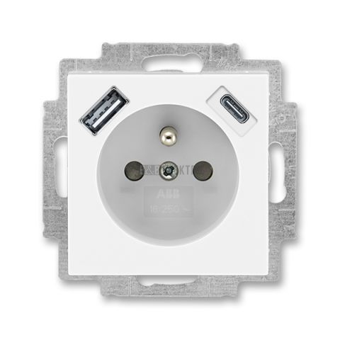 Levit® zásuvka jednonásobná s kolíkem, clonkami a nabíjením USB-A, USB-C 5569H-A32357 01 bílá/ledová bílá ABB