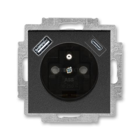 Levit®M zásuvka jednonásobná s kolíkem, clonkami a nabíjením USB-A, USB-C 5569H-A32357 63 onyx/kouřová černá ABB