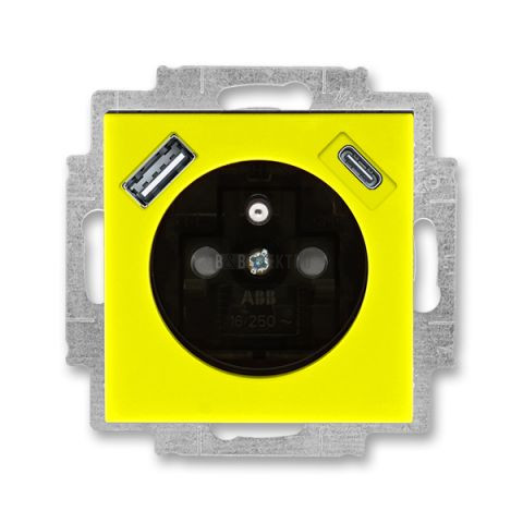 Levit® zásuvka jednonásobná s kolíkem, clonkami a nabíjením USB-A, USB-C 5569H-A32357 64 žlutá/kouřová černá ABB