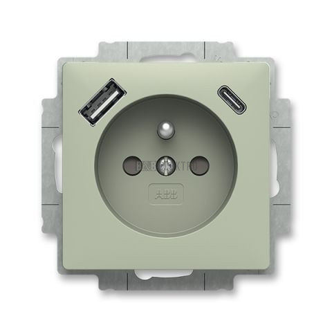 Zoni® zásuvka jednonásobná s kolíkem, clonkami a nabíjením USB-A, USB-C 5569T-A32357 243 olivová ABB