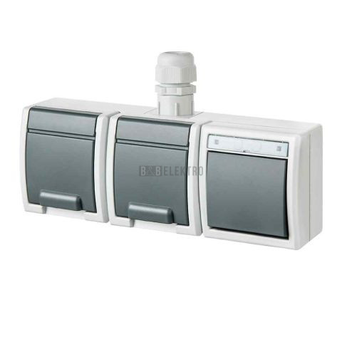 ATLAS IP65 Přepínač č.6+zásuvka 2x 2P+P, 2-násobná vodorovně s vývodkou M20,na povrch,šedá