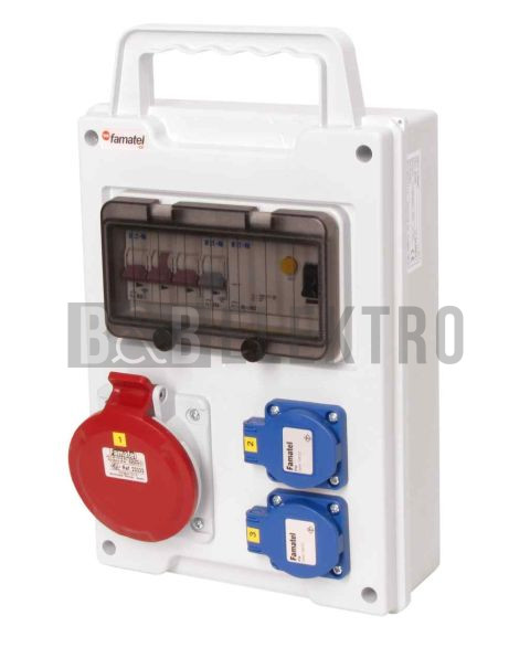 Zásuvková skřín přenosná EasyBOX IP44 2x230V/16A, 1x400V/32A/5p s jištěním 1xPL7-B16/1, 1xPL7-B32/3 a proudovým chráničem PF7-40/4/003-A 355x215x85mm Famatel EB200010.1 /8M