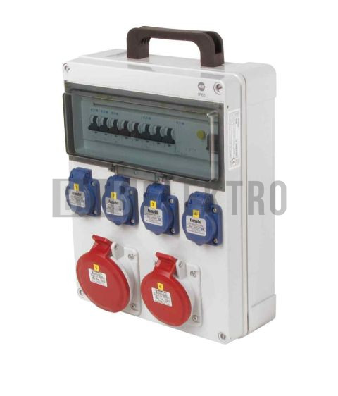 Zásuvková skříň přenosná IP54 4x230V/16A, 1x400V/16A/5p, 1x400V/32A/5p s jištěním 2xPL6-B16/1, 1xPL6-B16/3, 1xPL6-B32/3 a proudovým chráničem PF6-40/4/003-A 340x270x120mm Famatel ZSF40101000.1 /5813