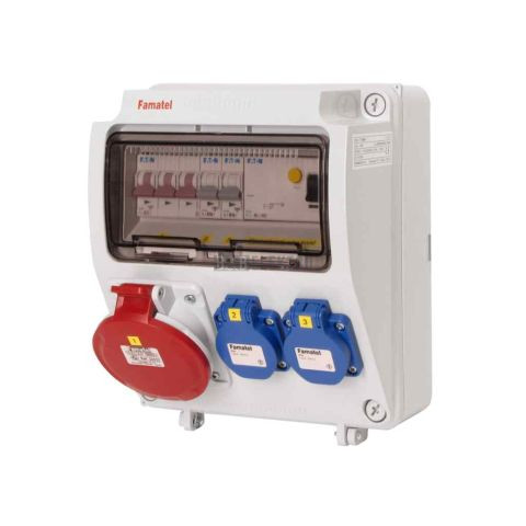 Zásuvková skříň IP54 2x230V/16A, 1x400V/32A/5p s jištěním 2xPL7-B16/1, 1xPL7-B32/3 a proudových chráničem PF7-40/4/003-A 245x215x155mm Famatel ZSF20001000.1 /3957