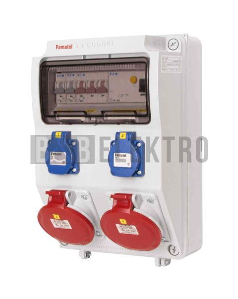 Zásuvková skříň IP54 2x230V/16A, 2x400V/32A/5p s jištěním 2xPL7-B16/1, 1xPL7-B32/3 a proudovým chráničem PF7-40/4/003-A 330x215x155mm Famatel ZSF20002000.1 /3958