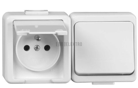 Zásuvka s tlačítkem JANTAR sestava kombinace tlačítko a zásuvka IP44 bílá GXNP011