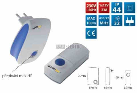 Zvonek bezdrátový H-228/C dosah 100m, černá/bílá, napájení 230V